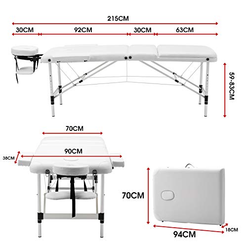 Advwin Massage Table Portable Massage Bed 70cm 3 Fold Massage Therapy Table Spa Bed Adjustable Salon Bed Face Cradle Bed White
