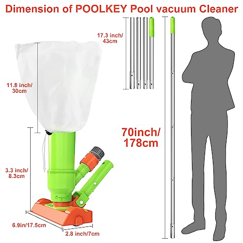POOLKEY Upgraded 70" Portable Pool Vacuum Cleaner with Unique Lock Catch Design, 4 Section Poles of 70", Handheld Pool Vacuum Jet Cleaner Attaches to Garden Hose for Above Ground Pool Spas Ponds