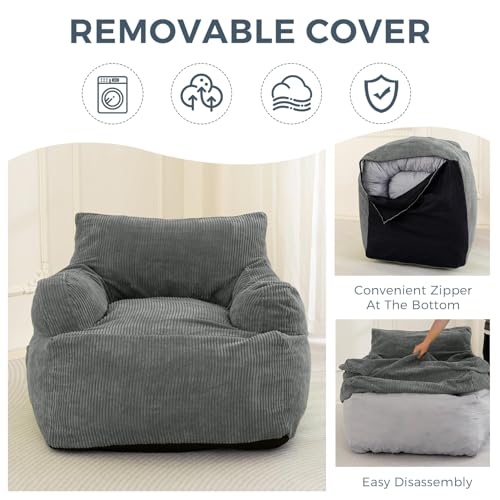 MAXYOYO Giant Bean Bag Chair, Stuffed Bean Bag Couch with Filler Large Living Room Bean Bag Chair for Adults, Big Lazy Sofa Accent Chair with Pocket Floor Chair for Gaming, Reading, Dark Grey