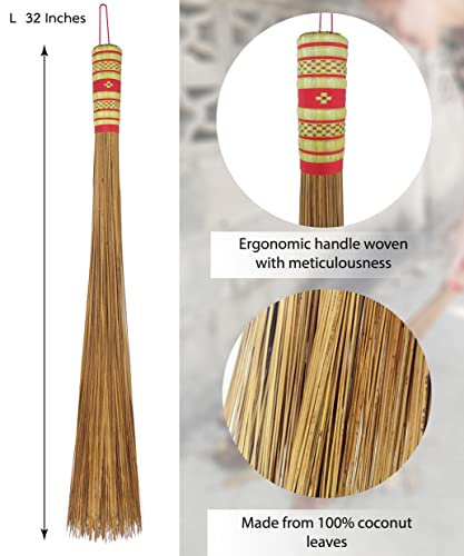 1 Piece of 32 inch Multi-Surface Sturdy Outdoor Authentic Coconut Leaf Broom Asian Heavy Duty Broom Thai Natural Coconut Leaf Broom (Country Rustic)