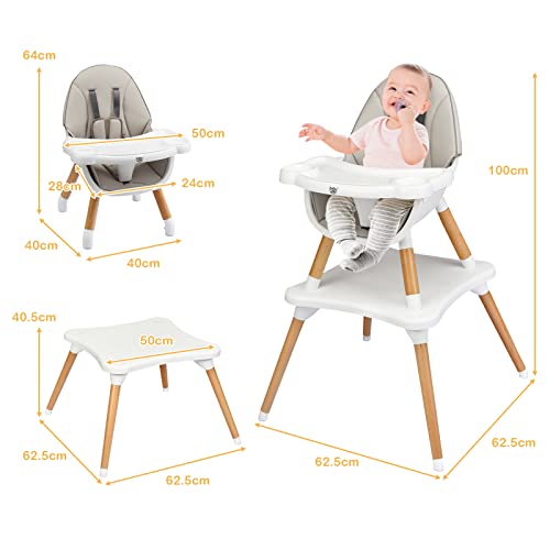 BABY JOY 5 in 1 High Chair, Convertible High Chairs for Babies and Toddlers/Booster Seat/Table and Chair Set, Infant Wooden Highchair w/ 5-Point Harness, 4-Position Removable Tray & PU Cushion (Gray)