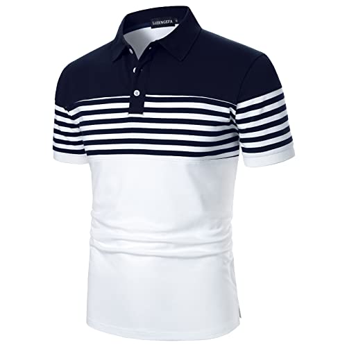 LUJENGEFA Mens Polo Shirt Stripe Short Sleeve Regular Tops Classic Casual Golf Contrast Color T-Shirt White