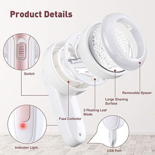 Gominimo USB Rechargeable Fabric Shaver with 6 Blades Stainless Steel, 3.5V Cordless Electric Lint Remover, Easy Remove Fuzz Pills Bobbles Trimmer, Easy Grip Fabric Defuzzer