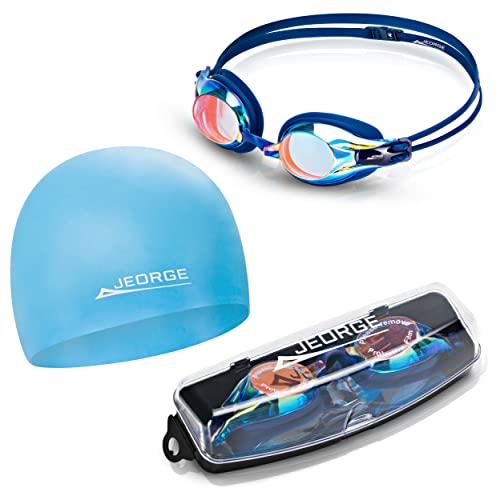 JEORGE Competition Swimming Goggles, Anti-fog UV-protection Mirrored Coating Racing or Training. (Blue)