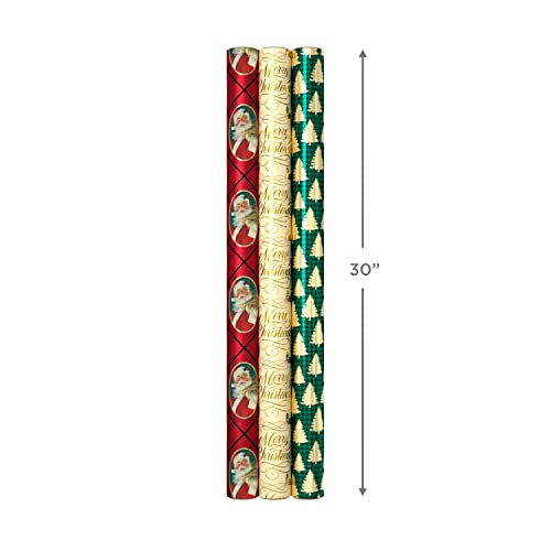 Hallmark Foil Christmas Wrapping Paper with Cut Lines on Reverse (3 Rolls: 60 sq. ft. TTL) Classic Santa Claus, Gold Merry Christmas, Green Plaid with Gold Trees