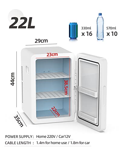 YOPOWER Mini Portable Compact Personal Fridge Cooler, 22 Liter Capacity, Includes Plugs for Home Outlet & 12V Car Charger, White