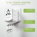 LENCENT Universal Travel Adapter, International Charger with 3 USB Ports and Type-C PD Fast Charging Adaptor for Mobile Phone, Tablet, Gopro. for 200 Countries Type A/C/G/I (USA, UK, EU AUS), White