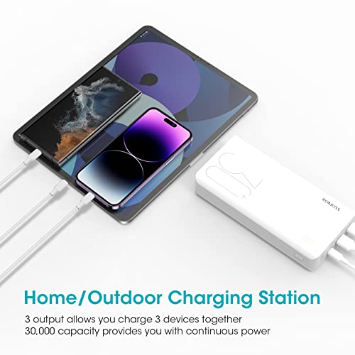 ROMOSS 18W 30000mAh Power Bank, 3 Inputs & 3 Outputs Big Capacity USB C Portable Charger, Fast Charging & Recharging External Battery Packs for iPhone 14/13/12, Samsung Galaxy, iPad, Switch and More