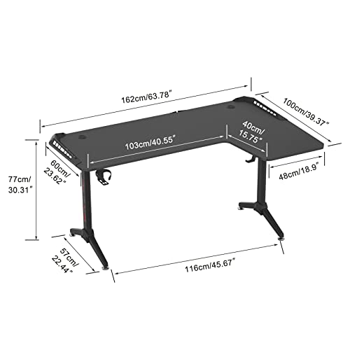 Computer Gaming Desk RGB LED:L-Shape Larger Game Table 160cm x 100cm Carbon Fiber Black Desktop Gamer Desks with 6 Colors 8 Modes RGB Durable Headphone Hook and Cup Holder for Home Office,Right