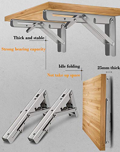 AUTENS 12 Inch Folding Shelf Brackets 2.88mm Heavy Duty Stainless Steel Wall Mounted Triangle Shelf Bracket for DIY Table Work Bench, Space Saving for Kitchens, Offices, patios etc. (12 Inch, Silver)