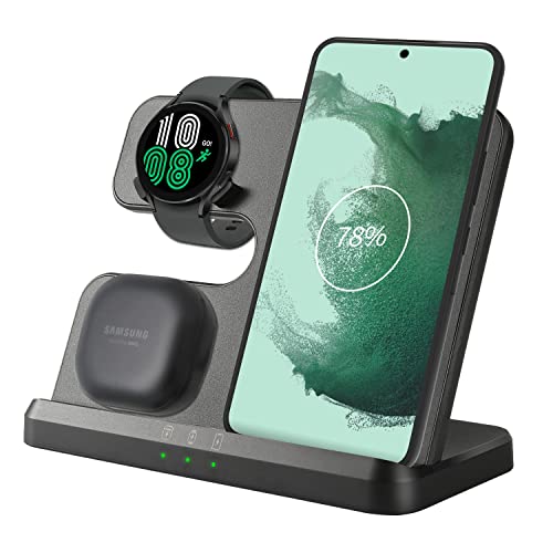 DGBAY 3in1 Wireless Charging Station for Samsung, Wireless Charger for Galaxy S22 Ultra S21+ S20 FE S10 S9 Note 20/10/9/8 Z FILP Fold 4 3, Watch 5,5 pro,4 Classic/3/Active 2 Gear S4 S3 Sport (Black)