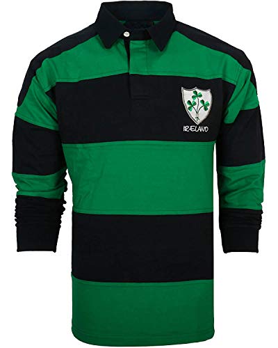 (Large) - Irish Rugby Shirt for Men, Green and Blue with Shamrock Crest, Irish Fan Shirt.