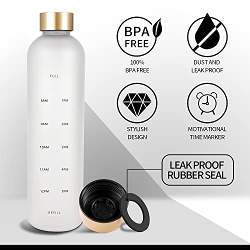 Glospee Motivational Sports Water Bottle with Time Markings, BPA Free frosted Tritan Plastic , Reusable, Leakproof,Drop Resistant and Eco Friendly Drink Bottle 1 Litre | 32 Oz (White)