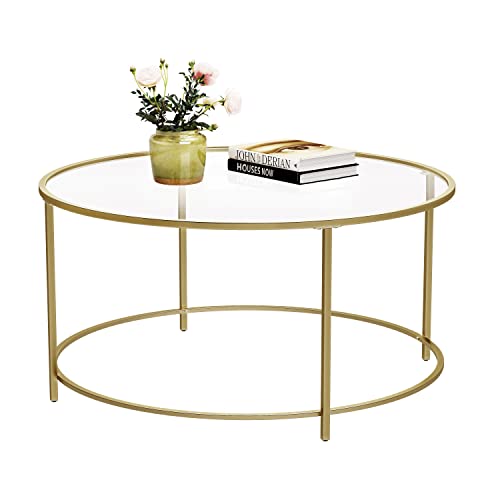 VASAGLE Round Coffee Table, Glass Table with Golden Iron Frame, Living Room Table, Sofa Table, Robust Tempered Glass, Stable, Decorative, Gold ULGT21G