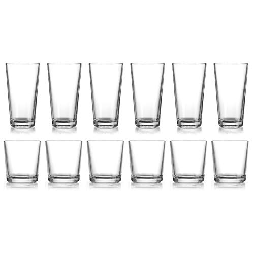 Leraze Set of 16 Heavy Base Ribbed Durable Drinking Glasses Includes 8  Cooler Glasses (17oz) and