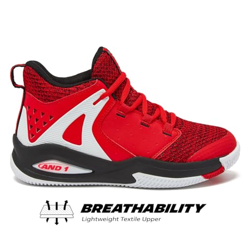 AND1 Takeoff 3.0 Girls & Boys Basketball Shoes, Kids Youth Shoes Mid Top Cool Basketball Sneakers, Little Kid 1 to Big Kid 7, Red/White Trim/Black Trim, 7 Big Kid