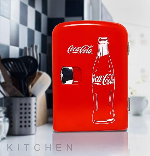 Coca-Cola Classic Portable 6 Can Thermoelectric Mini Fridge Cooler/Warmer, 4 L/4.2 qt, Red, for Home, Dorm, car, Boat, Beverages, Snacks, Skincare, Cosmetics, Medication
