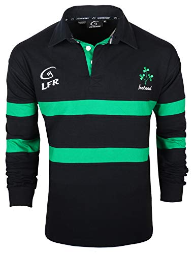 Malham Irish Shamrock Sprig Ireland Longsleeve Striped Rugby Ireland, Navy and Kelly Green, Large