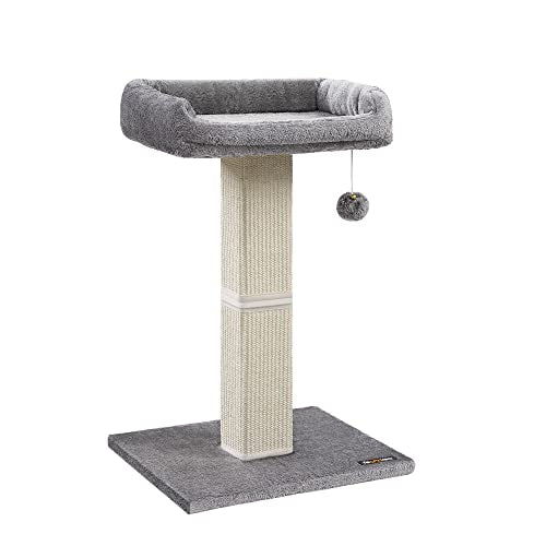 Feandrea Cat Scratching Post, Cat Scratcher with 15.7 x 11.8 Inches Plush Perch, 27.9-Inch Tall Scratch Post with Woven Sisal, Pompom, Removable Washable Cover, Light Gray UPCA022W01