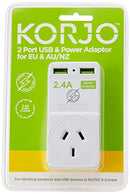 Korjo EU USB Power Adaptor, 2X USB Sockets, 1x AUS/NZ Socket, for Europe