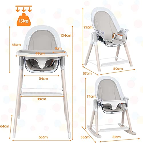 BABY JOY 4-in-1 Baby High Chair, Wooden Highchair Booster Seat w/Adjustable Seat & Double Removable Tray, Infant Dining Chairs Rocking Chair w/Storage Bag, Footrest & 3-Point Safety Belt, Gray