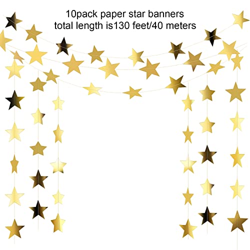 Patelai 130 Feet Golden Glitter Star Paper Garland Hanging Decoration for Wedding Birthday Christmas Festival Party (Set of A, Gold)