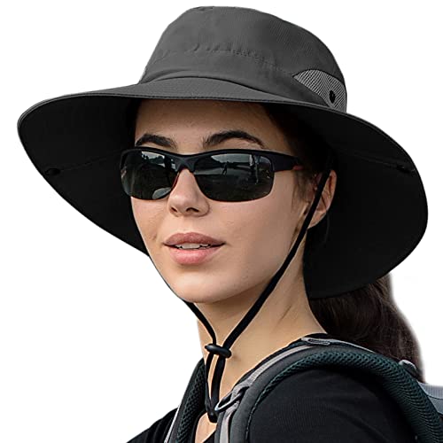 HGGE Women Ponytail Summer Sun Hat Wide Brim UV Hats Floppy Bucket Cap for  Safari Beach Fishing Gardening Pure Grey