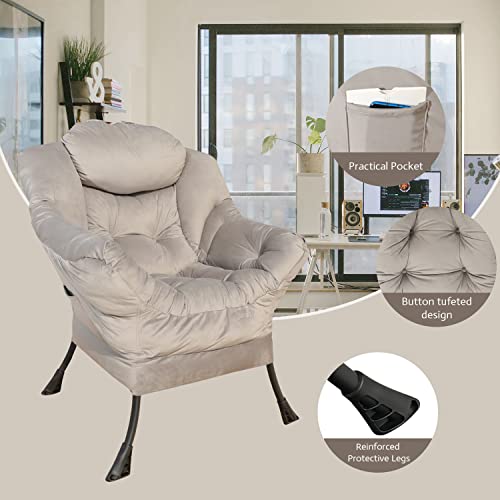 GOLDSUN Accent Chair Lazy Reclining Armchair with Removable Metal Legs and Side Pocket, Comfy Upholstered Single Sofa Chair for Living Room, Bedroom, Office (Grey)