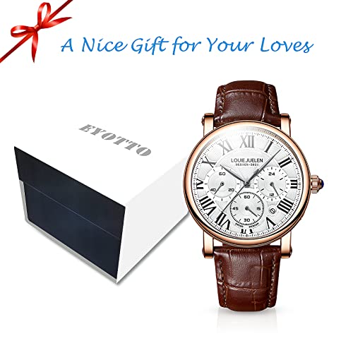 eYotto Men's Stainless Steel Elegant Quartz Watch, Roman Numerals Analogue Chronograph Calendar Date Waterproof Wrist Watch, Multifunction Business Formal Dress Leather Band Wristwatch Gifts Rose Gold