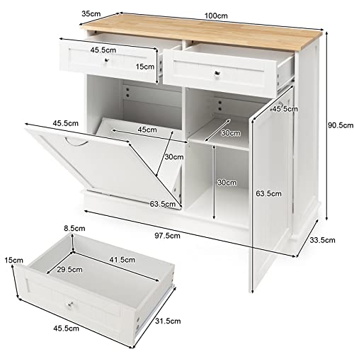 Giantex Kitchen Trash Cabinet, Tilt Out Trash Bin Cabinet with Single Trash Can Holder, Rubber Wood Countertop, Drawers, Adjustable Shelf, Freestanding Recycling Cabinet, Kitchen Island (White)