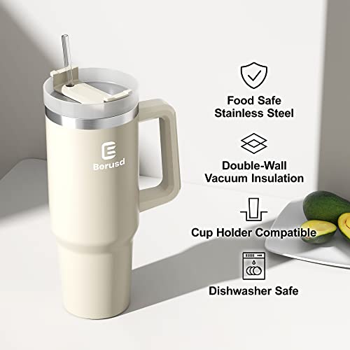 Berusd 40 oz Insulated Tumbler with Handle and Straw Lid, Double Wall Vacuum Stainless Steel Coffee Cup Travel Mug, Insulated Flask, Large Water Bottle, Thermo Mug Drink Bottle 1.2L, Cream