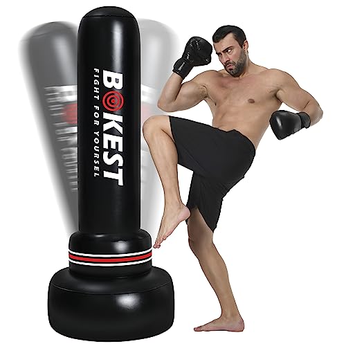 BOKEST Large Punching Boxing Bag with Stand - Inflatable Air Filled Kicking Bag Stands 69” - Adult Free Standing Kick Boxing Bag Home with Stand - Awesome MMA Bag to Use Indoors & Outdoors, Black Red