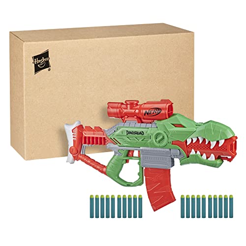 NERF DinoSquad Rex-Rampage Motorized Dart Blaster, 10-Dart Clip, 20 Official Darts, 10-Dart Storage- T-Rex Dinosaur Design