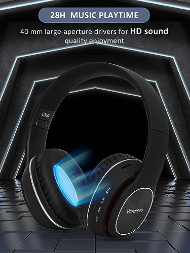Bluetooth Headphones Over Ear, Wireless Headphones with Microphone, 28H Playtime Stereo Wireless Headphones, Lightweight Foldable Headset for Travel Work Laptop PC Cellphone (Black)