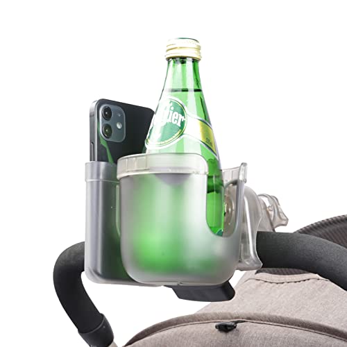 Stroller Cup Holder and Phone Holder/ Organiser, Universal Pram Cup Holder, 2-in-1 Baby Mobile and Bottle Holder for Stroller/ Pram , Bike, Wheelchair, Walker, Golf Cart, Scooter, Transparent Grey