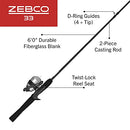 Zebco 33 Spincast Reel and Fishing Rod Combo, 6-Foot 2-Piece Fiberglass Rod with EVA Handle, Quickset Anti-Reverse Fishing Reel with Bite Alert, Silver/Black