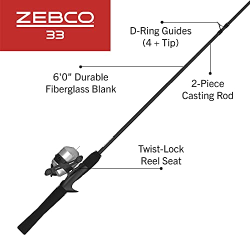Zebco 33 Spincast Reel and Fishing Rod Combo, 6-Foot 2-Piece Fiberglass Rod with EVA Handle, Quickset Anti-Reverse Fishing Reel with Bite Alert, Silver/Black