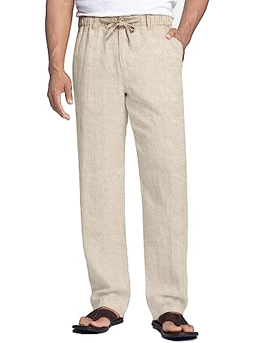 Coofandy Men's Linen Elastic Pants Casual Regular Fit Golf Beach Pants