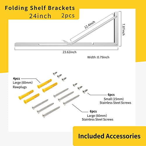 DAWNTREES Folding Shelf Brackets,24 Inch Heavy Duty, 2 Pcs Shelf Brackets, 304 Stainless Steel L Type Shelves, Floating Shelf Bracket, Metal Shelf Brackets On Wall。