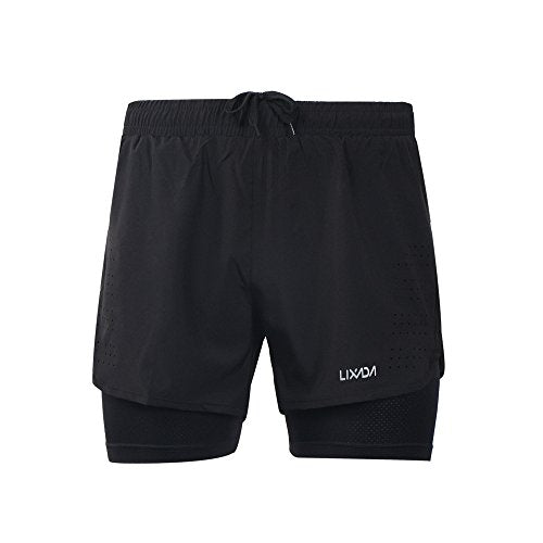 Lixada Men's 2-in-1 Running Shorts Quick Drying Breathable Active Training Exercise Jogging Cycling Shorts, Black, Large