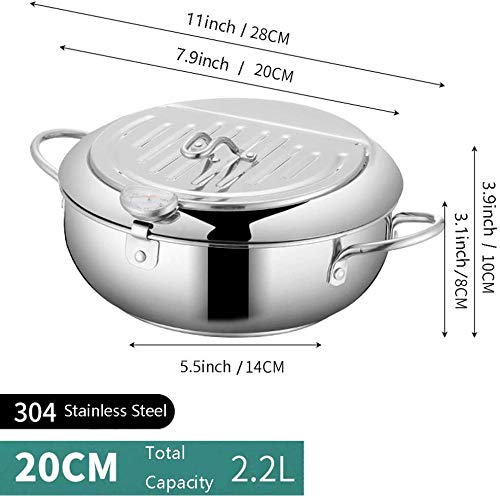 Deep Fryer Pot, Japanese Tempura Small Deep Fryer Stainless Steel Frying Pot With Thermometer,Lid And Oil Drip Drainer Rack for French Fries Shrimp Chicken Wings and Shrimp (20cm/7.9inch)