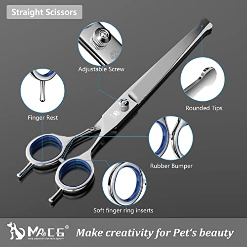 Professional Dog Grooming Scissors Set with Safety Ronud Tip, MAOCG Twin-Tail Thinning, Curved, Straight Shears and Comb for Dogs & Cats, Sharp and Durable, Suitable for Lefty and Righty