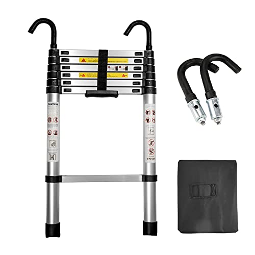 2.6M/8.5FT Telescopic Aluminium Ladder with Safety Hooks, Extension Compact Ladder Lightweight Folding Collapsible Ladder, Heavy Duty Non Slip Extend Climb Ladder, Independent Height Locking