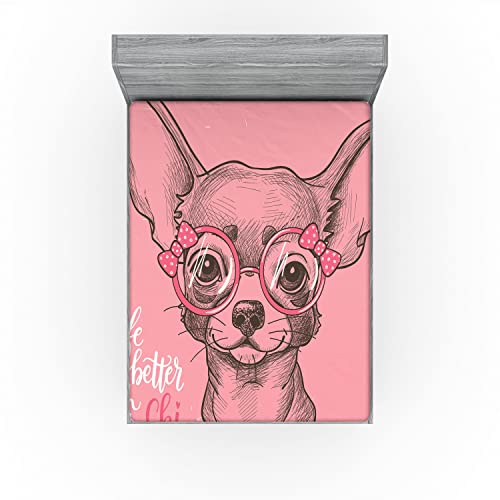 Ambesonne Dog Fitted Sheet, Girl Chihuahua Sketch Illustration Words Fashion Glasses Ribbons Puppy, Soft Decorative Fabric Bedding All-Round Elastic Pocket, Full Size, Green Pink