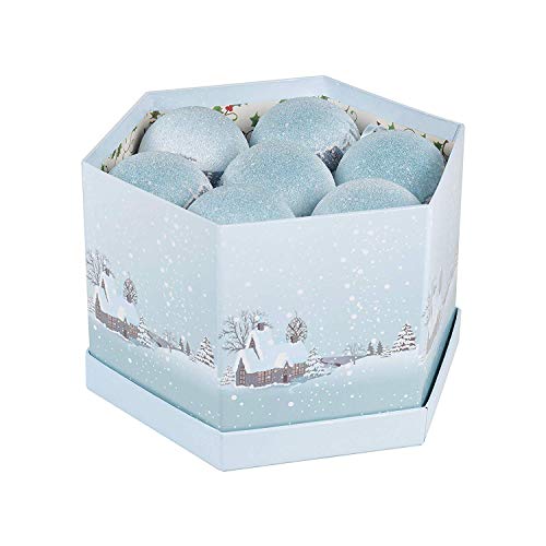 Invero 14 Piece Frosted Snow Village Christmas Theme Decoupage Baubles Set - Ideal for all Types of Christmas Trees or General Home Decoration - Includes Gift Storage Box