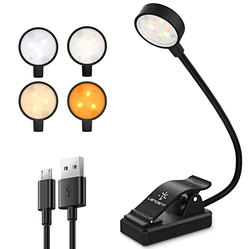 LENCENT 12 Modes Book Light, 9 LED Clip Reading Light for Bed, USB Rechargeable Reading Light - Stepless Dimming x 12 Eye-Care Modes (Amber&White&Warm&Mixed), Flexible Clip on Book Light, Black
