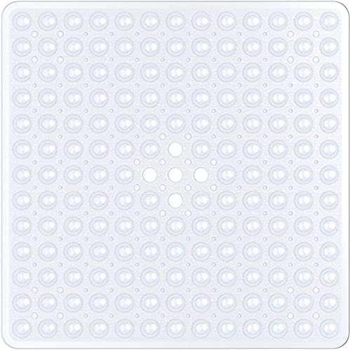 Square Shower Mat Non Slip Anti Mould - 53 x 53cm/21 x 21inch Anti Slip Shower Mat with Suction Cup, Antibacterial Rubber Bathtub Mat with Drain Holes, Machine Washable, Clear White