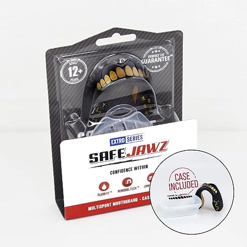 SAFEJAWZ Sports Mouthguard Slim Fit Full Contact Gum Shield for Football Rugby Boxing MMA Hockey (Adults (12+ Years), Goldie)