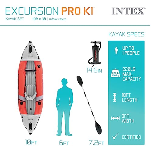 INTEX 68303EP Excursion Pro K1 Inflatable Kayak Set: Includes Deluxe 86in Aluminum Oars and High-Output Pump – SuperTough PVC – Adjustable Bucket Seat – 1-Person – 220lb Weight Capacity