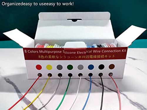 26awg Soft Silicone Electrical Wire Cable 8 Colors Flexible Wire Kit 8x33ft Solid Spool DIY Wire Easy to Work Tinned Wire Heat Shrink Tubing Wire Electric Tape Tools Included